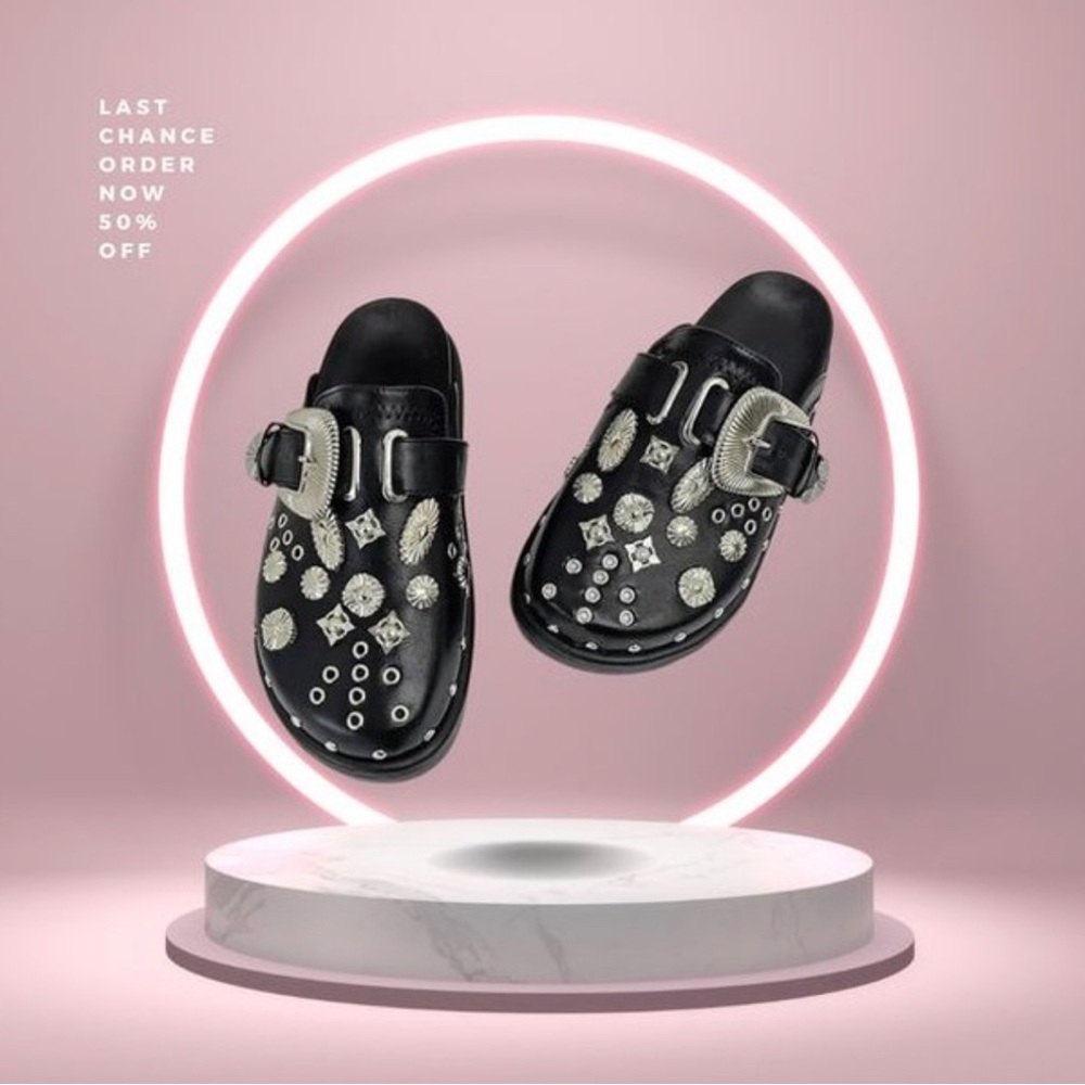 Brand New Black Chrome Studded Clogs